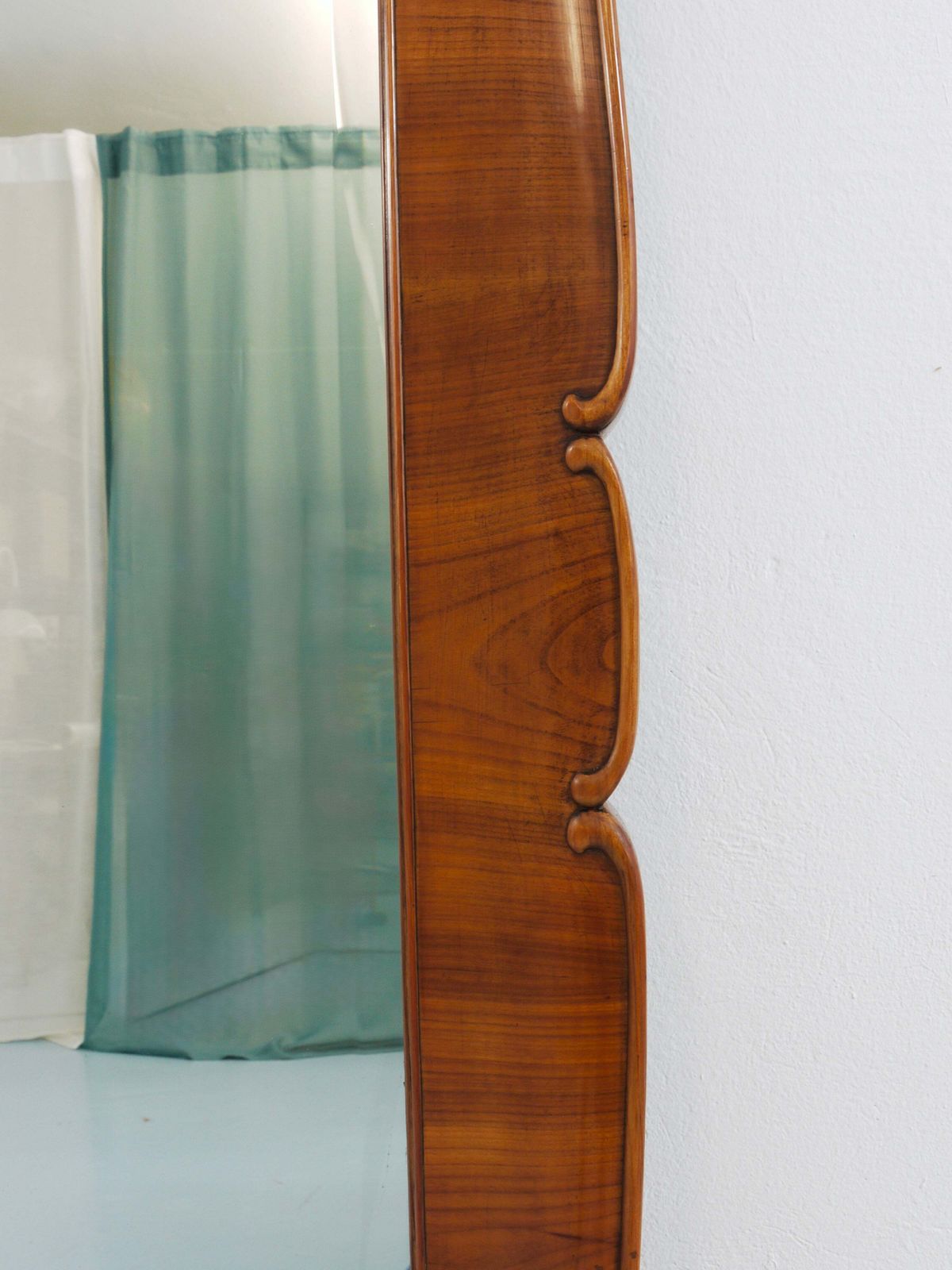 Large 59" Biedermeier Carved & Scalloped Cherry Wood Wall Mirror, Vienna, 1850 photo vintage