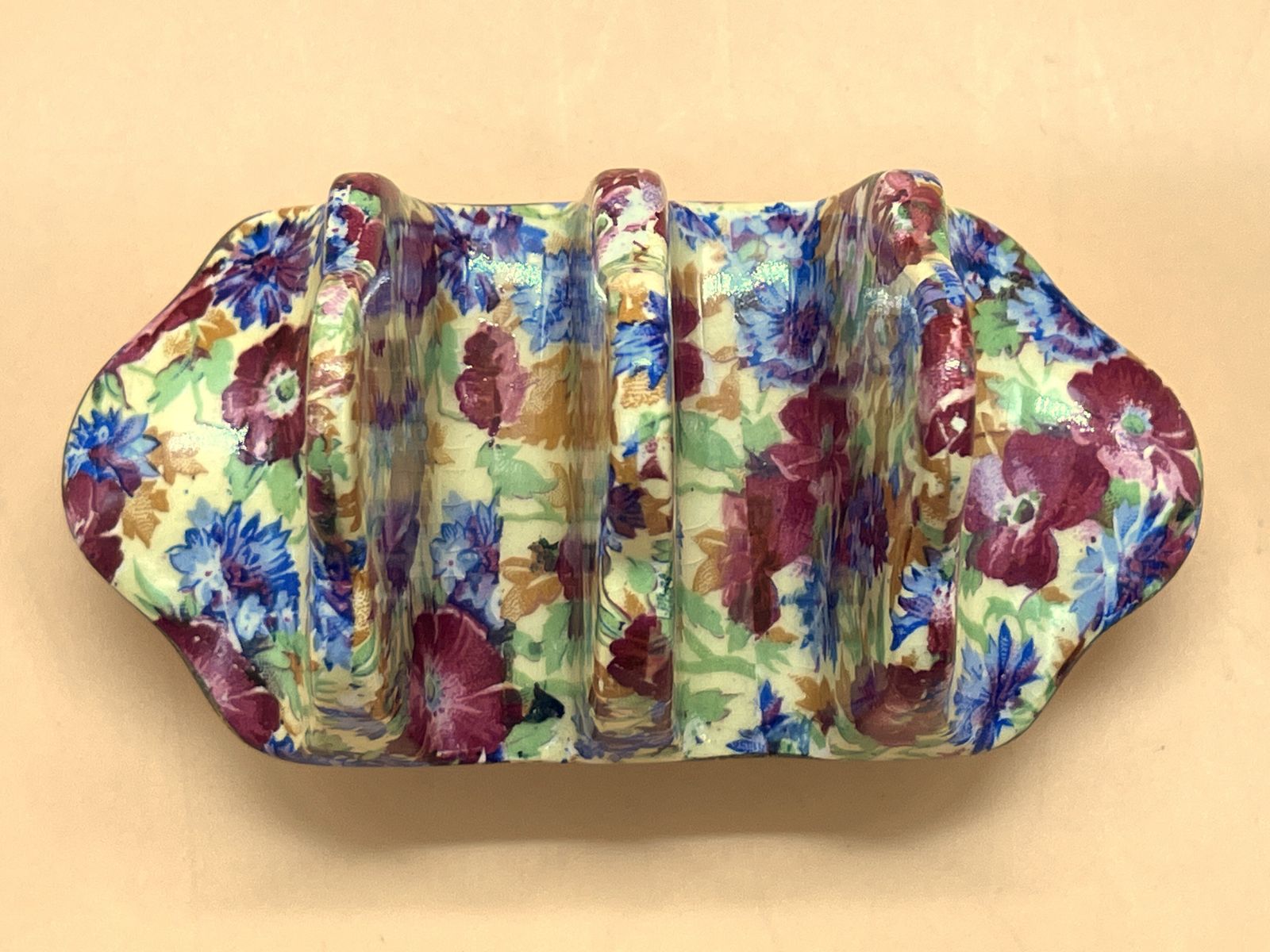 Porte-toast vintage Royal Winton Grimwades, motif Royalty Chintz, 2 fentes. photo for sale