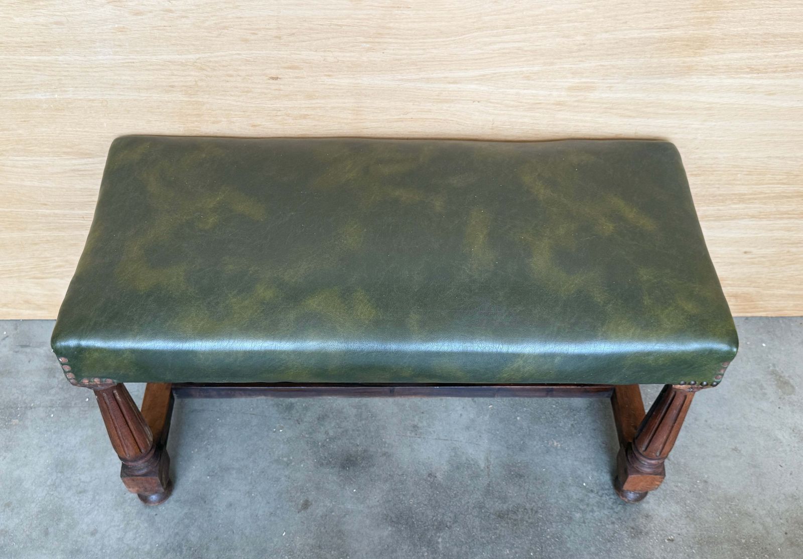 Pair Of Antique Spanish Walnut Stools Upholstered With Green Leather Seats photo Furniture