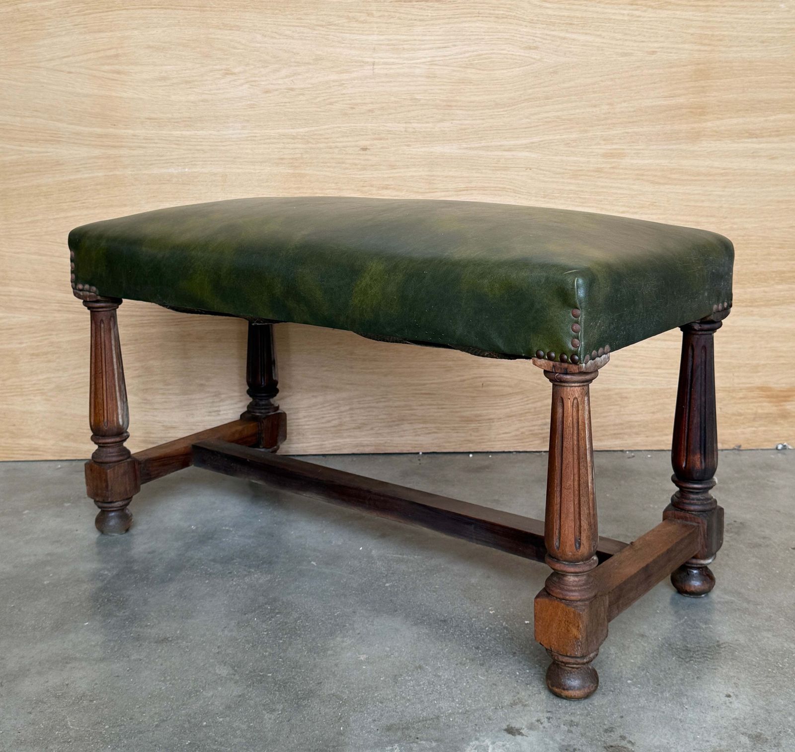 Pair Of Antique Spanish Walnut Stools Upholstered With Green Leather Seats photo vinterior
