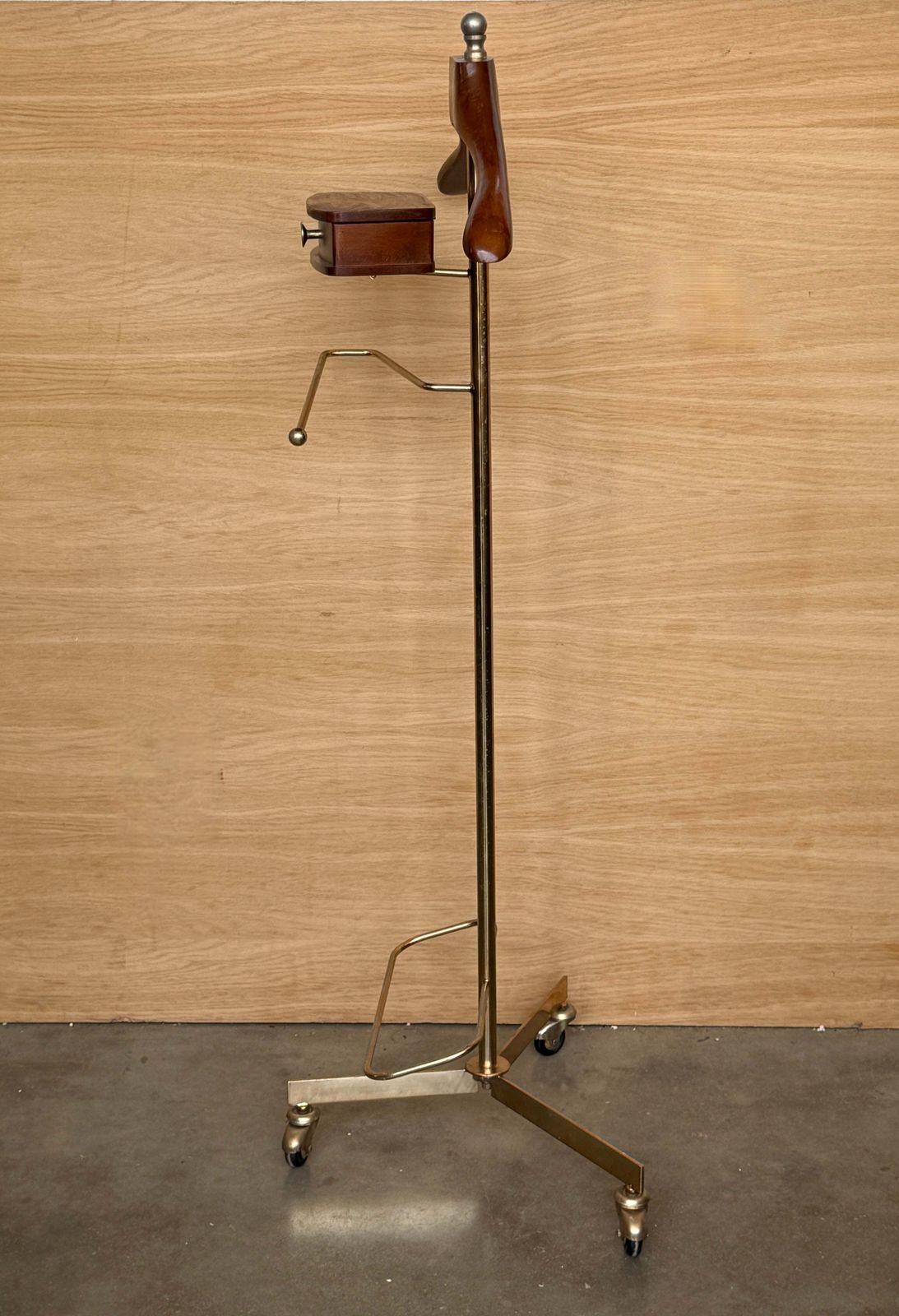 Vintage Brass And Walnut Men's Coat Rack With Drawer And Trouser Rack photo for sale