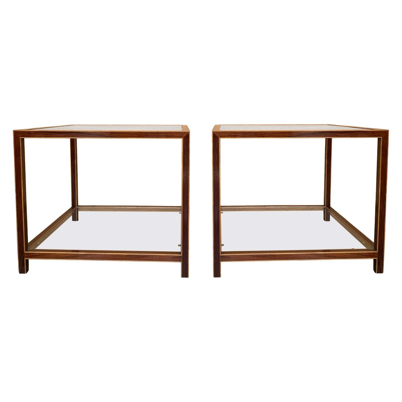 Mid Century Modern Style Side Tables With Walnut Marquetry And Two Glass Shelves