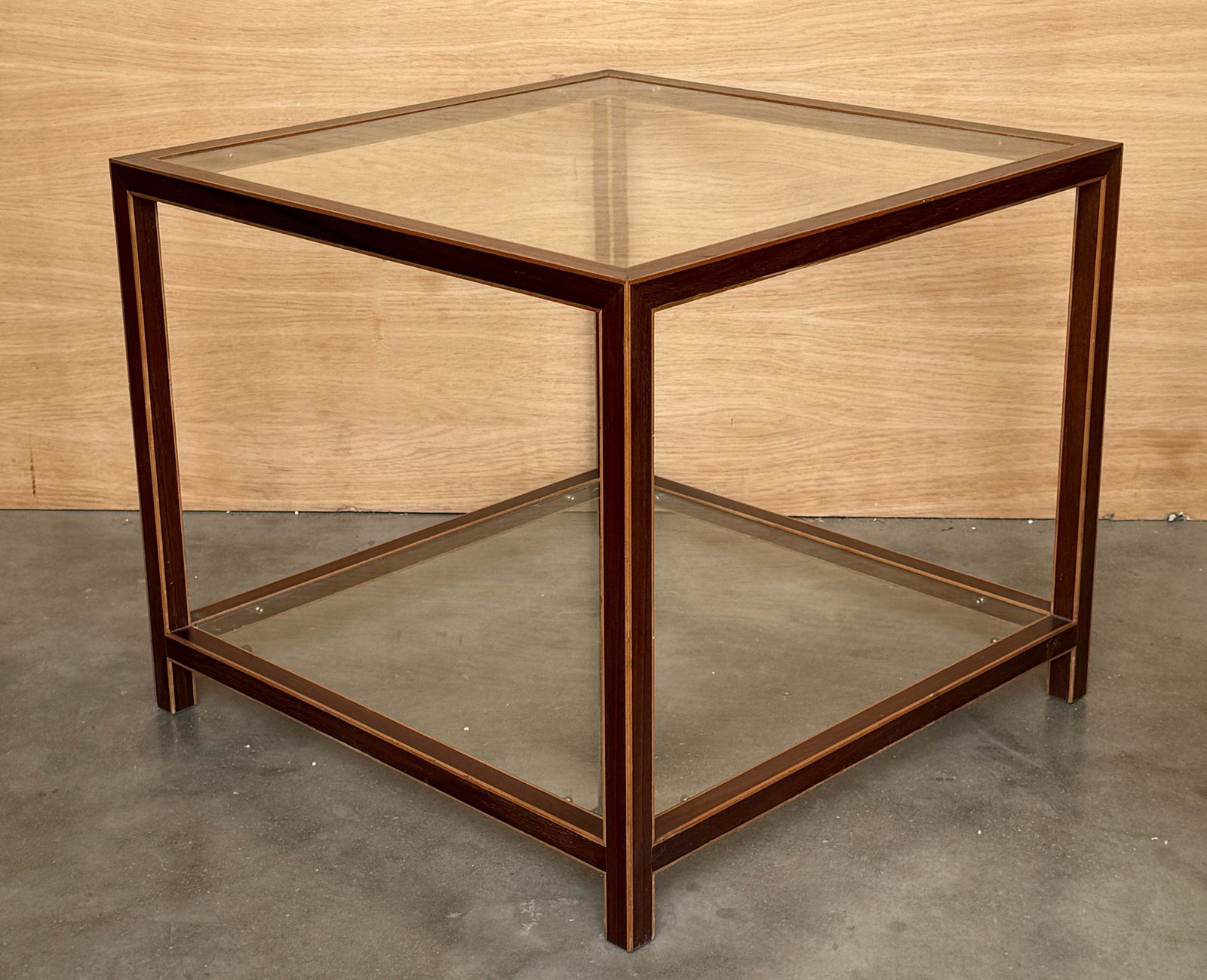 Mid Century Modern Style Side Tables With Walnut Marquetry And Two Glass Shelves photo furniture