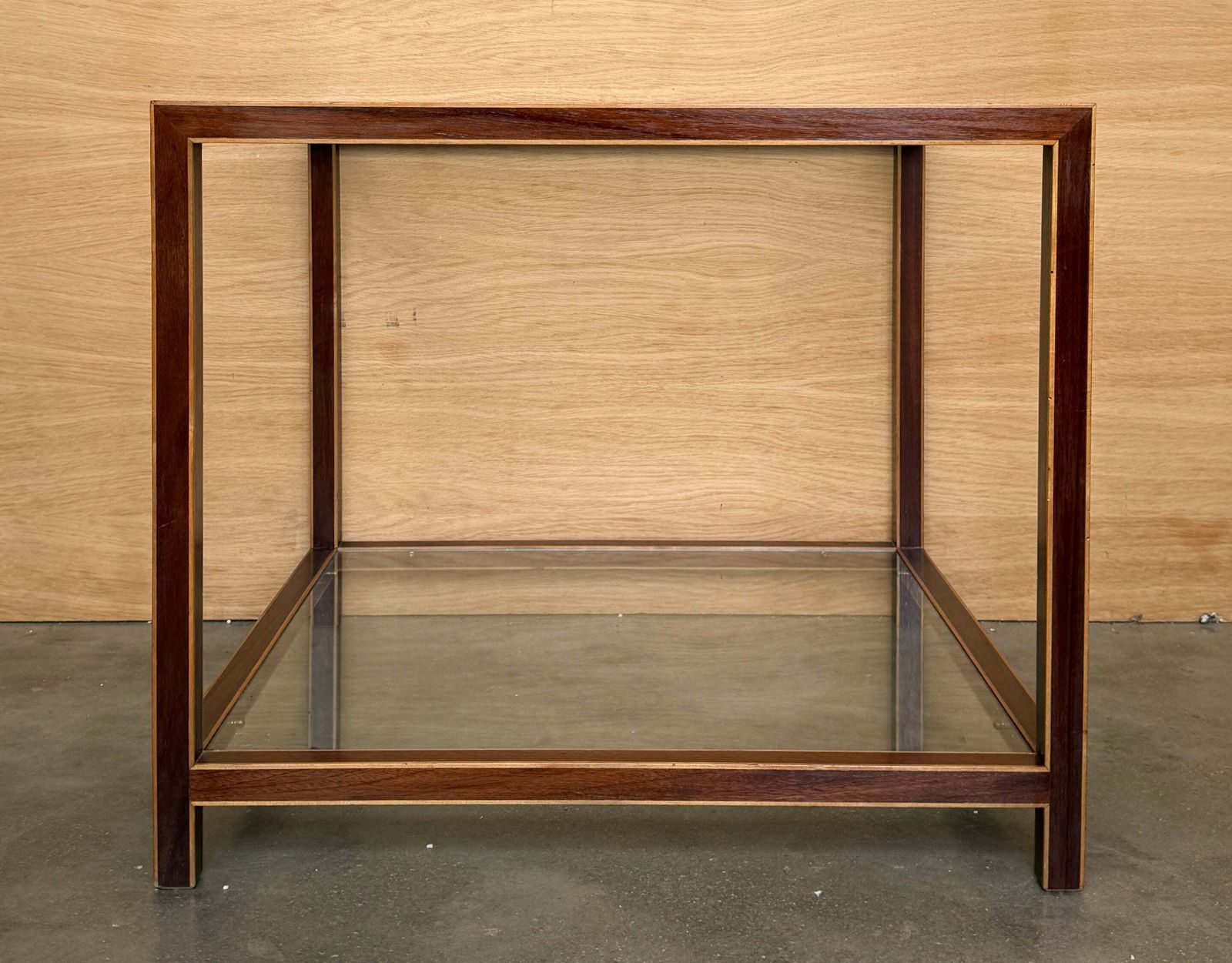 Mid Century Modern Style Side Tables With Walnut Marquetry And Two Glass Shelves photo for sale