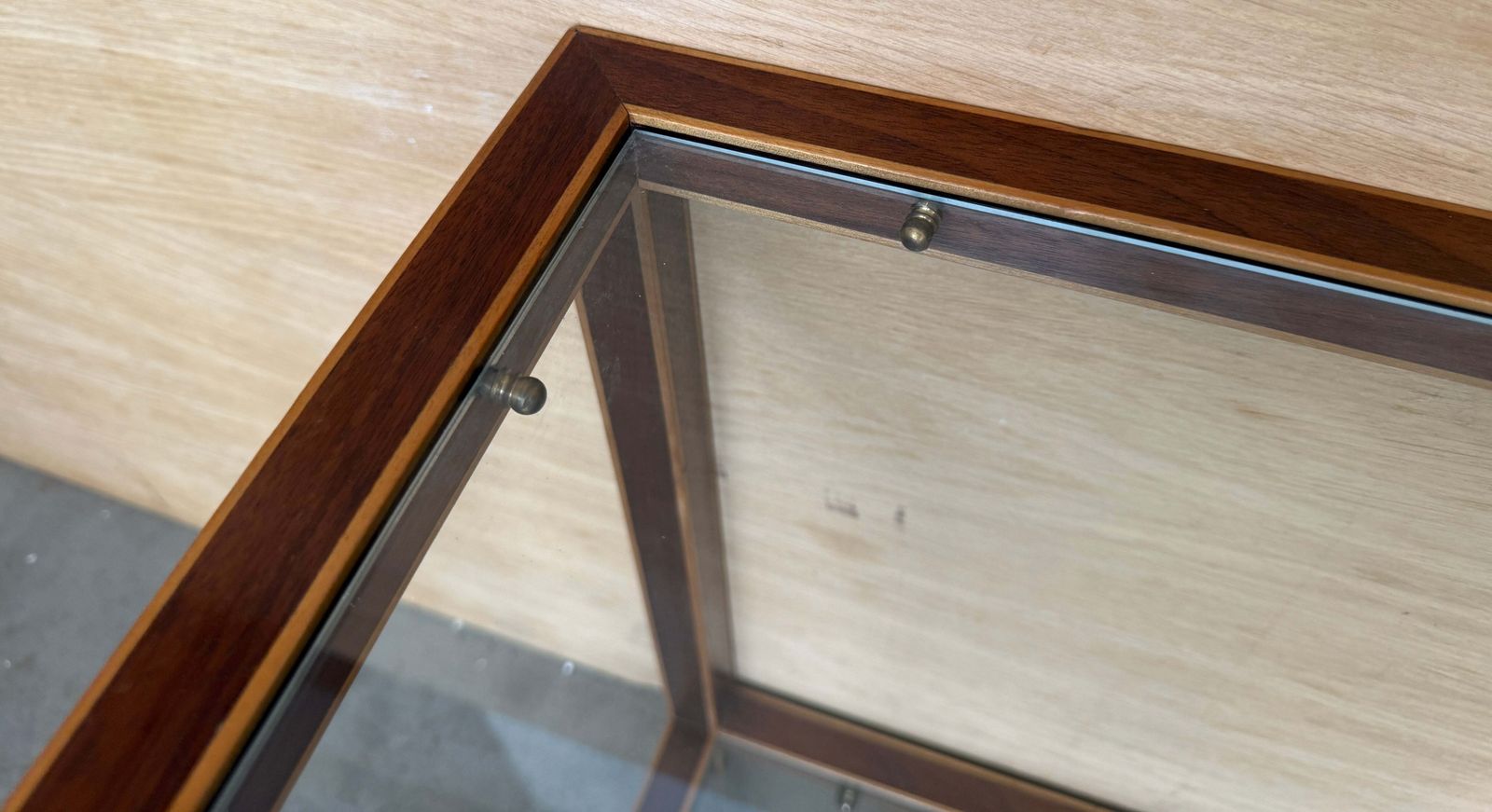 Mid Century Modern Style Side Tables With Walnut Marquetry And Two Glass Shelves photo vintage