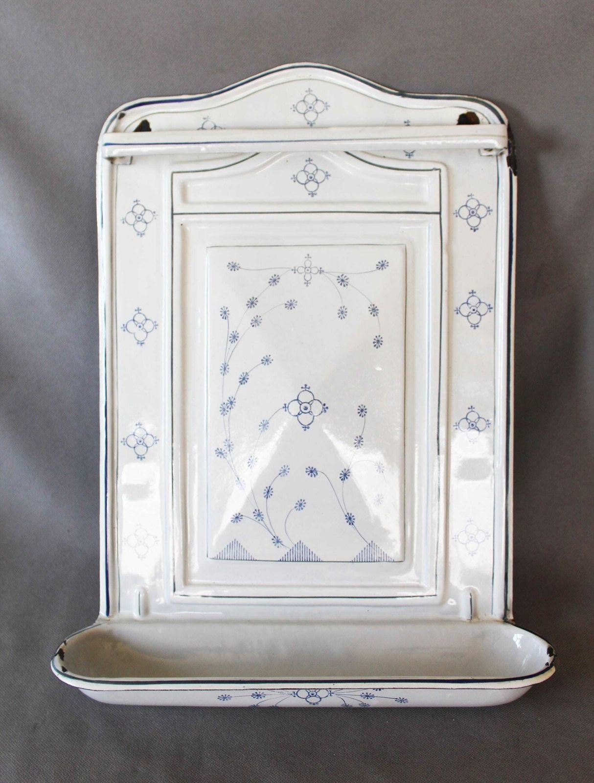 Tall Vintage Blue And White Enamel Kitchen Rack, Dresden Copenhagen Design, Utensil Rack, Drip Tray, French Country Kitchen Enamelware photo for sale