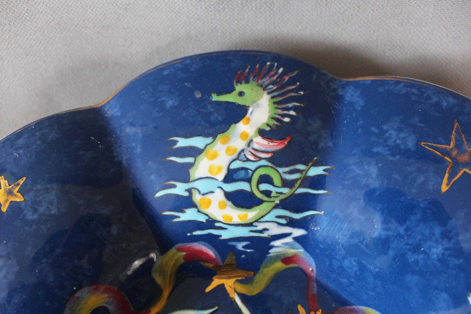 Large Art Deco R Chevalier, Boch Freres Keramis Ceramic Bowl, Centerpiece Belgium, Catteau 1930s, Mermaid Sea Creature, Sea Horse, Boat photo 81.0