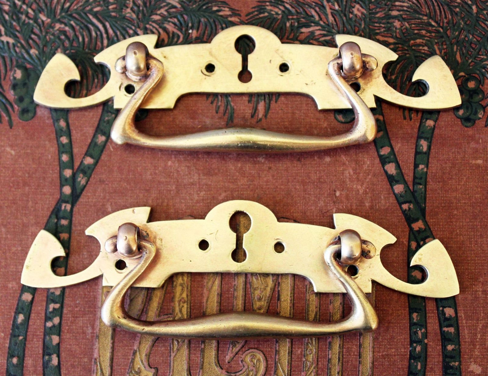 Set Of 2 Art Nouveau, Bauhaus, Jugendstil Heavy Bronze Drawer Pull And Escutcheon Keyhole Cover, Movable Handle, Hardware Furniture photo furniture