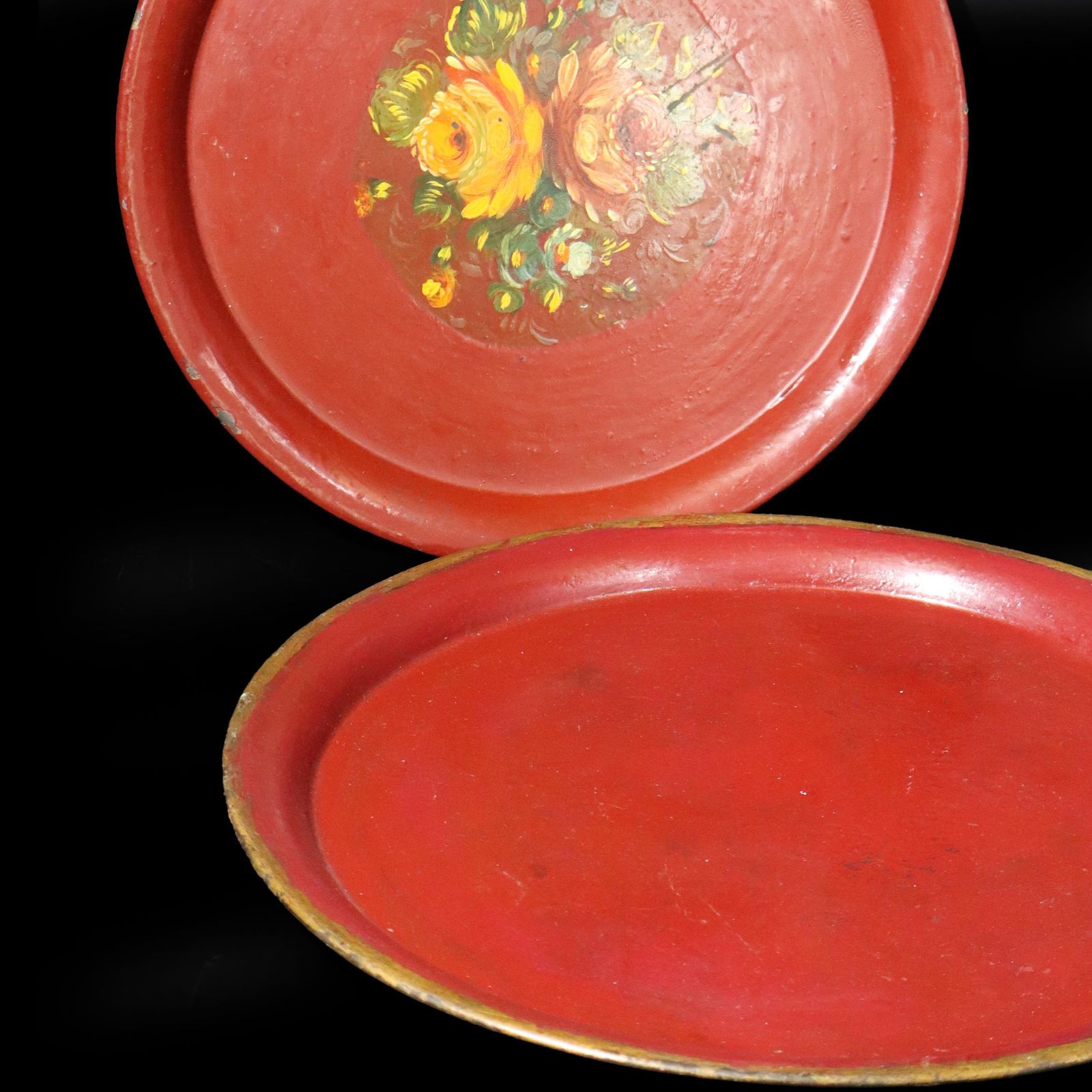 photo furniture French Circular Napoleon III Tole Trays, Set Of 2 Red Gold Floral Antique Platters