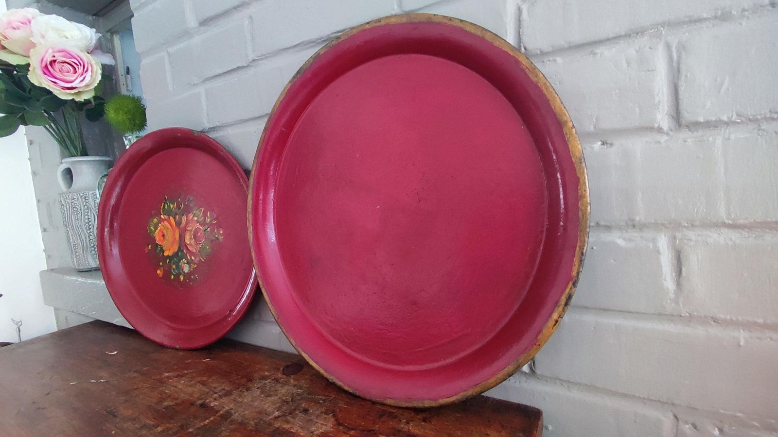 Home Decor French Circular Napoleon III Tole Trays, Set Of 2 Red Gold Floral Antique Platters photo