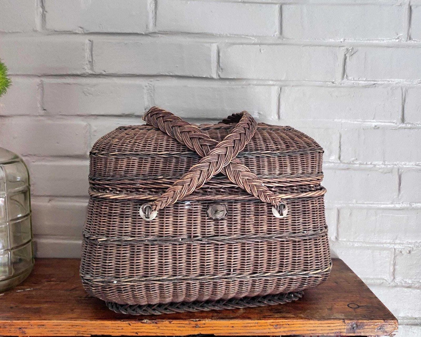 Antique French Dark Wicker Woven Farm Basket With Handles