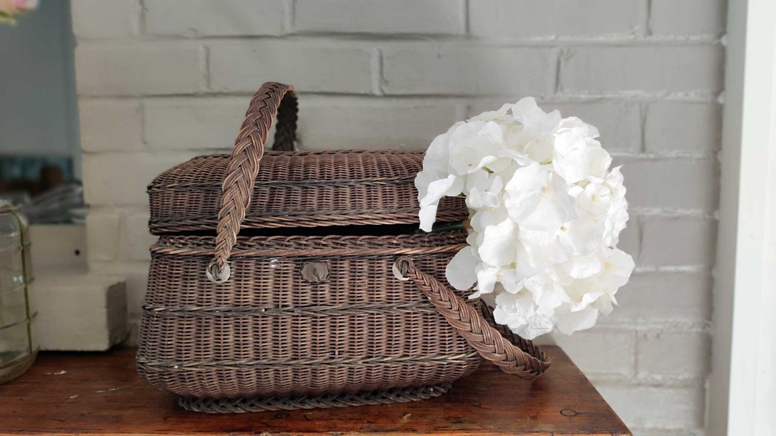 Antique French Dark Wicker Woven Farm Basket With Handles photo furniture