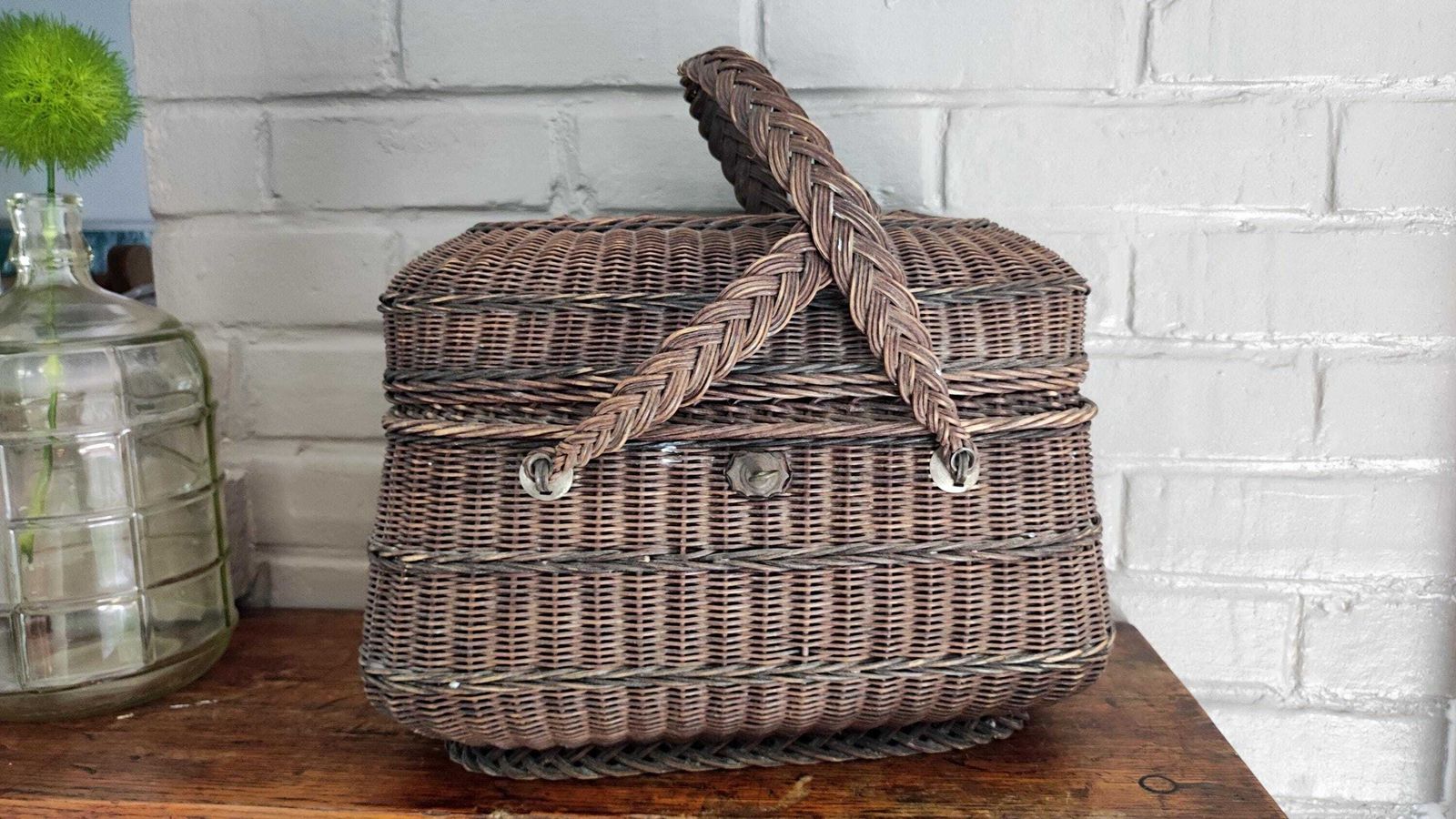 Antique French Dark Wicker Woven Farm Basket With Handles photo vinterior