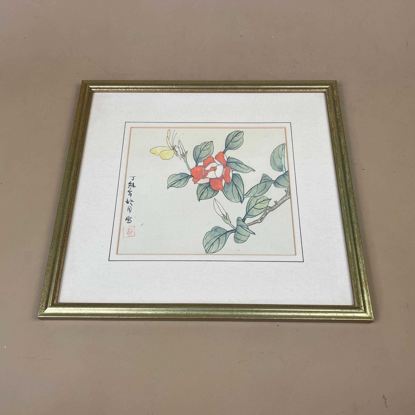 Oriental Picture Flowers Butterfly, Vintage Hand Painted Silk Art, Chinese Camellia Botanical Painting, Gold Wood Frame, Asian Wall Art