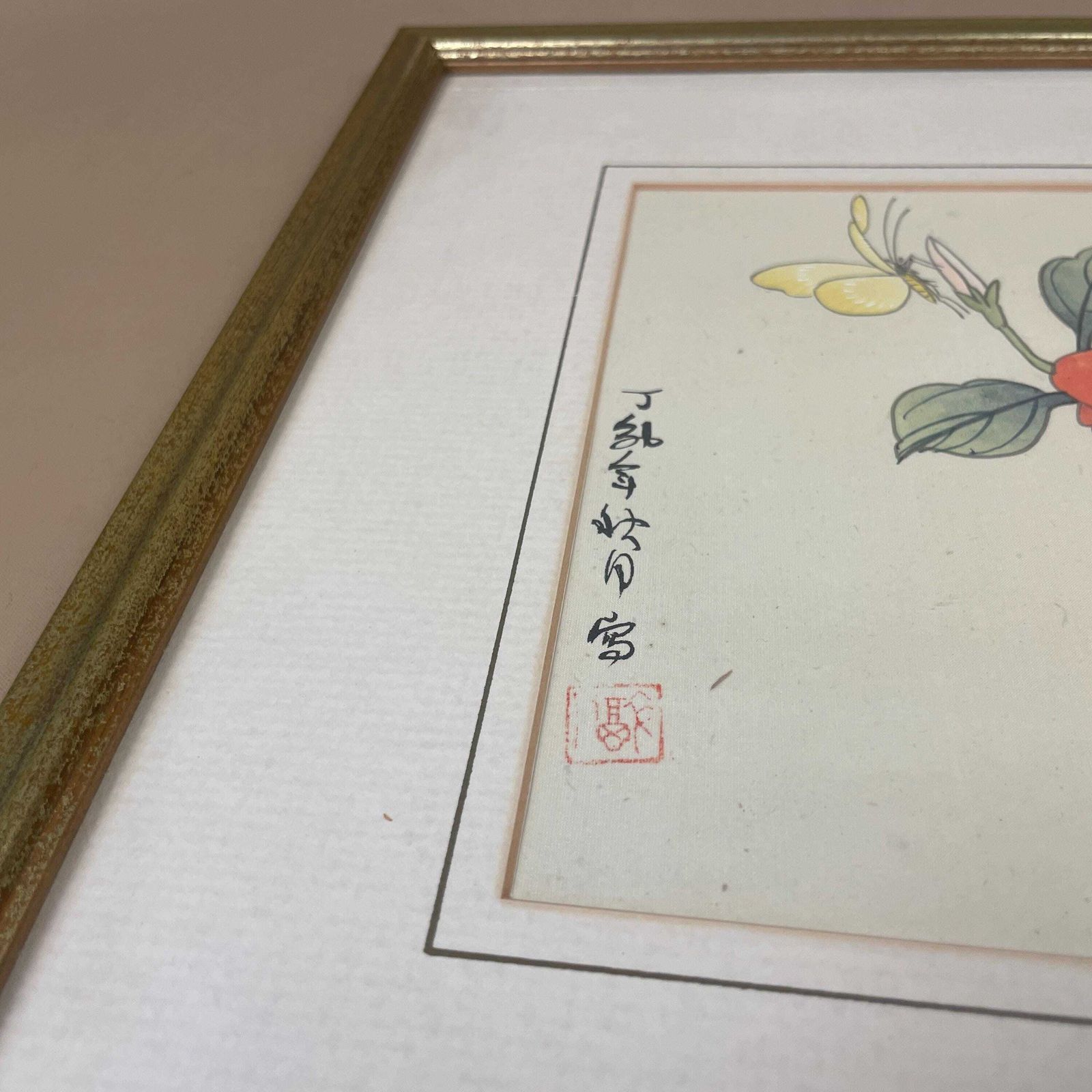 Oriental Picture Flowers Butterfly, Vintage Hand Painted Silk Art, Chinese Camellia Botanical Painting, Gold Wood Frame, Asian Wall Art photo for sale