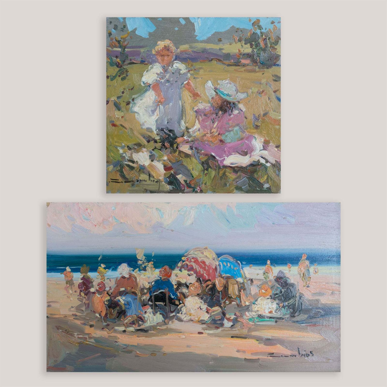 photo for sale Twee impressionistische olieverfschilderijen op board, kust en landelijk landschap, gesigneerd (kunstenaar onbekend)