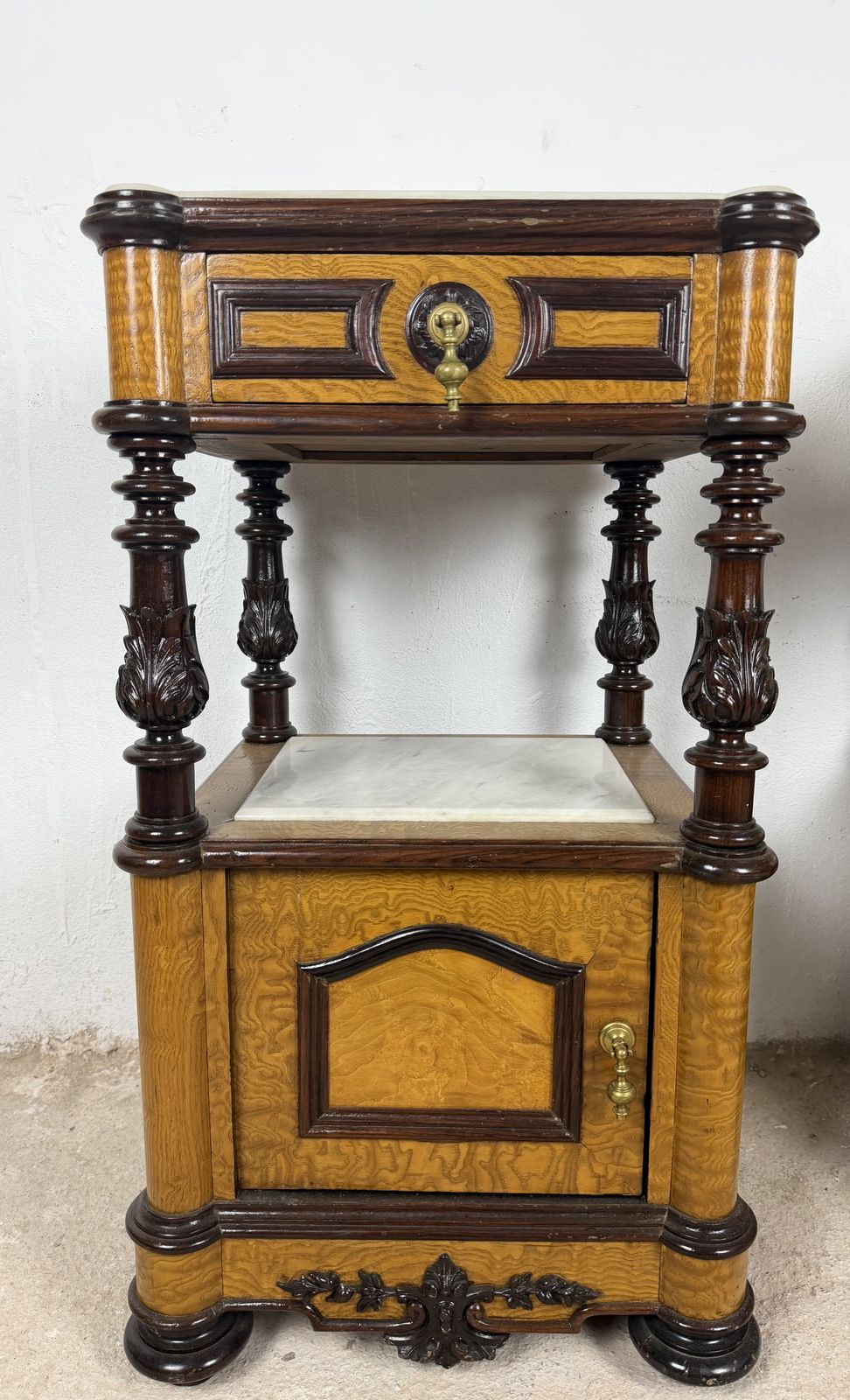 photo furniture Pair Of French Empire Style Marble Top Nightstands With Cabinet Doors