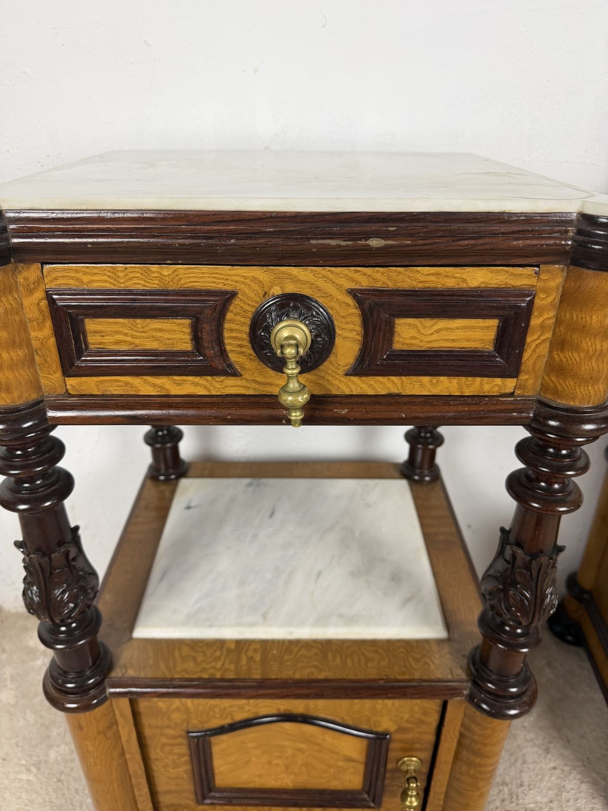 2610.0 Pair Of French Empire Style Marble Top Nightstands With Cabinet Doors photo