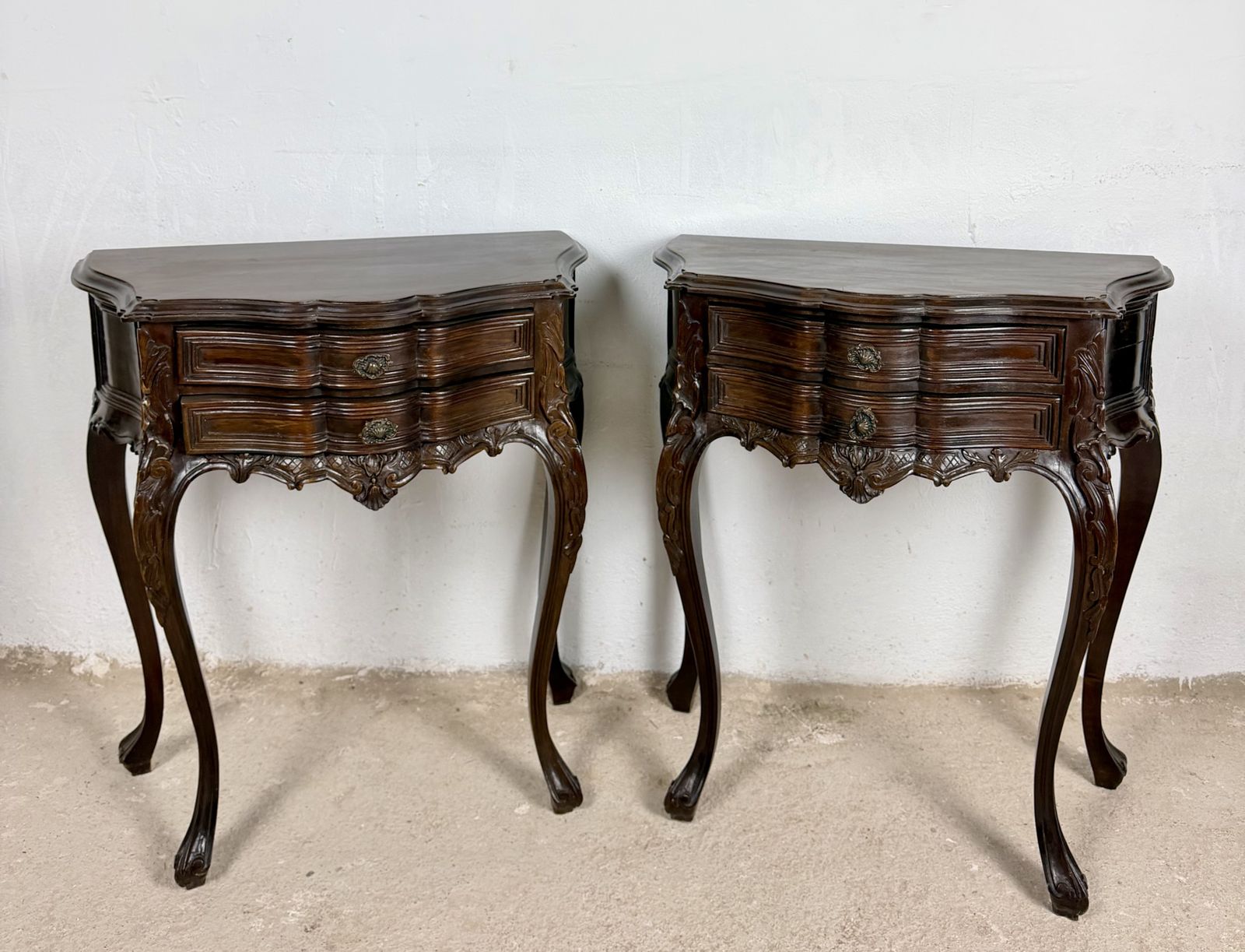 Pair Of French Louis XV Style Bombe Nightstands With Two Drawers photo for sale