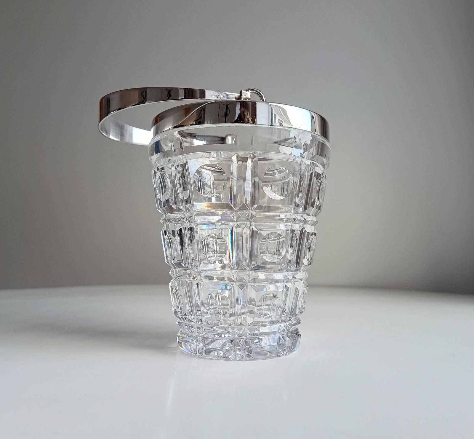 Mid Century Bistro Ice Bucket, Jean Couzon Rhadango, Silver Plated Block & Lens Cut Crystal