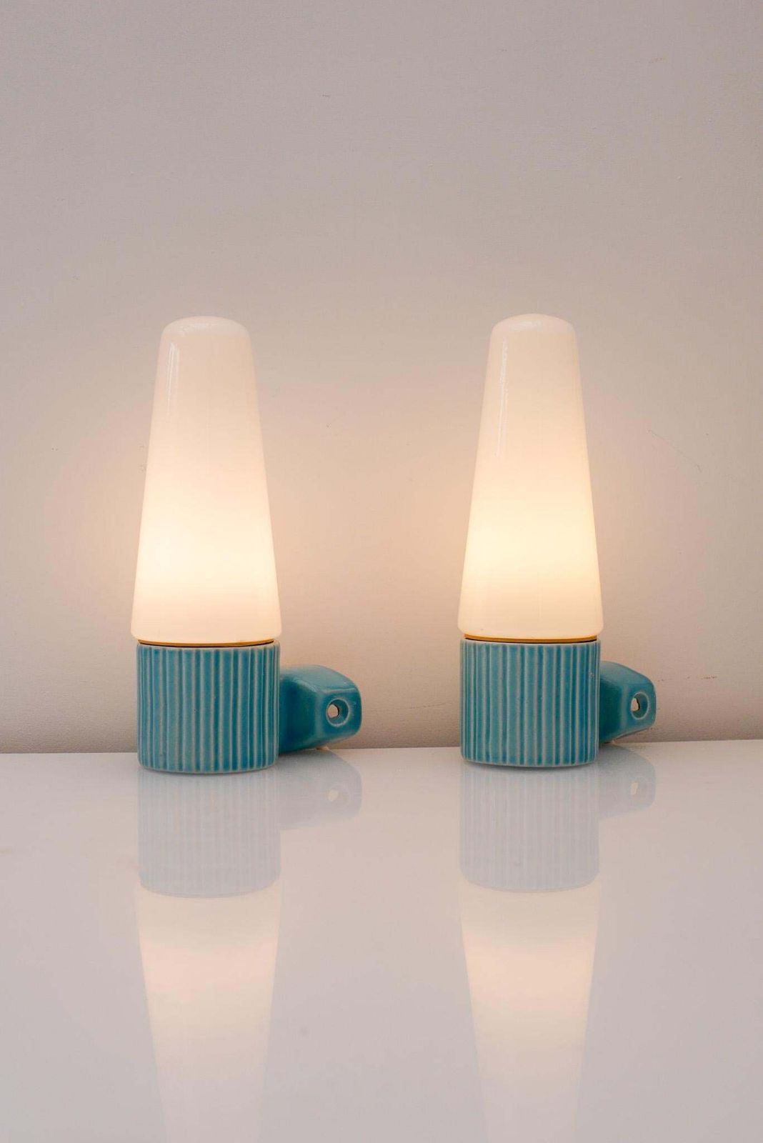 Vintage Ifö Of Sweden Ceramic Bathroom Lamps With Opaline Shades From The 1960s photo vinterior