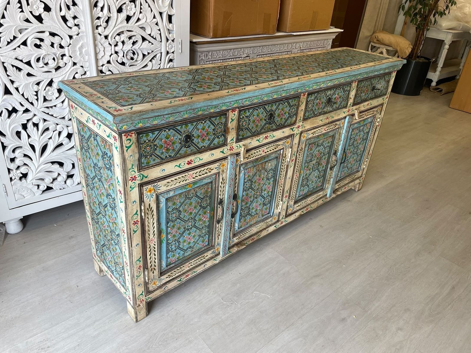 Hand Painted Mango Wood Sideboard – 4 Doors & 4 Drawers, Floral Design (180cm) photo for sale
