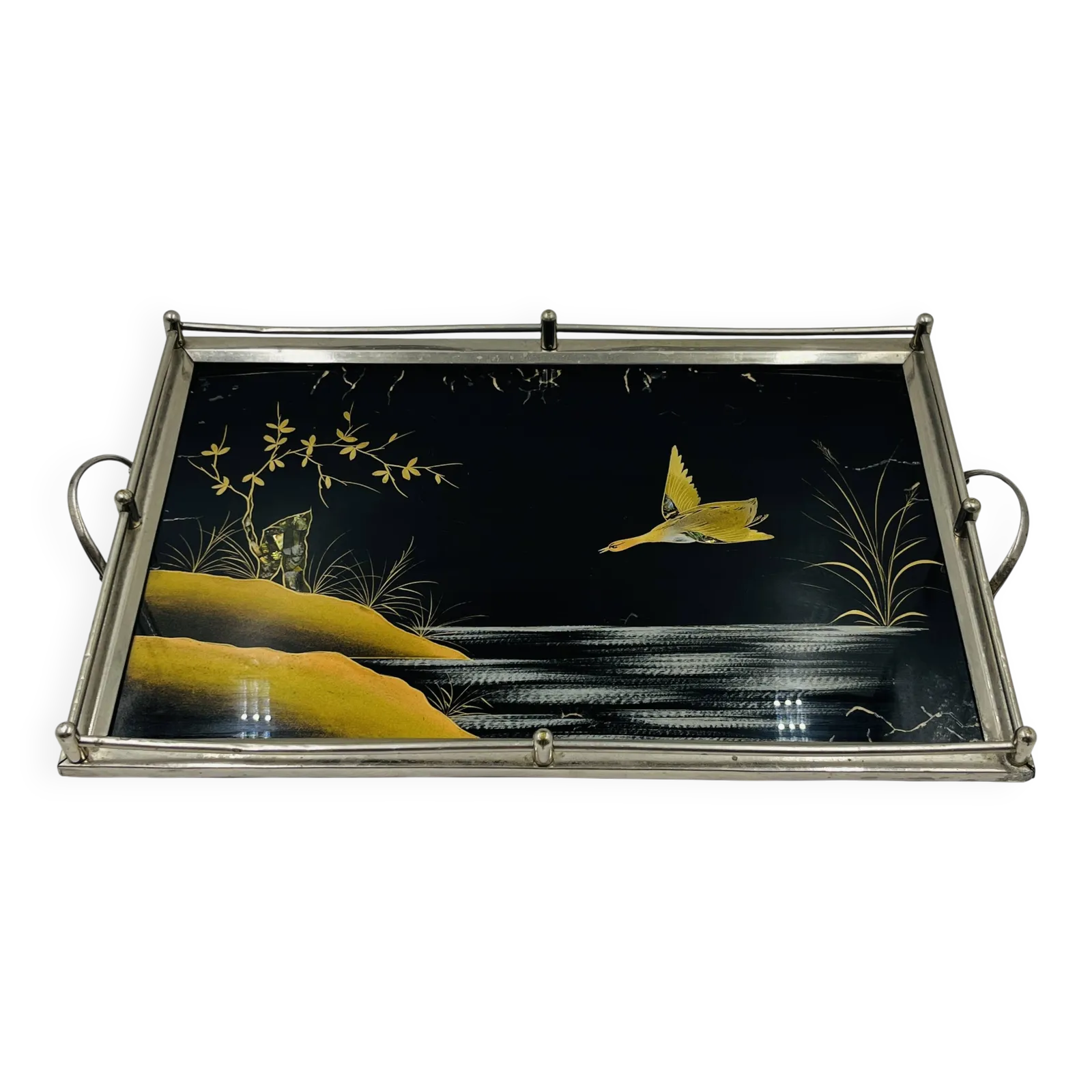 Art Deco dienblad, beschilderd glas en parelmoer