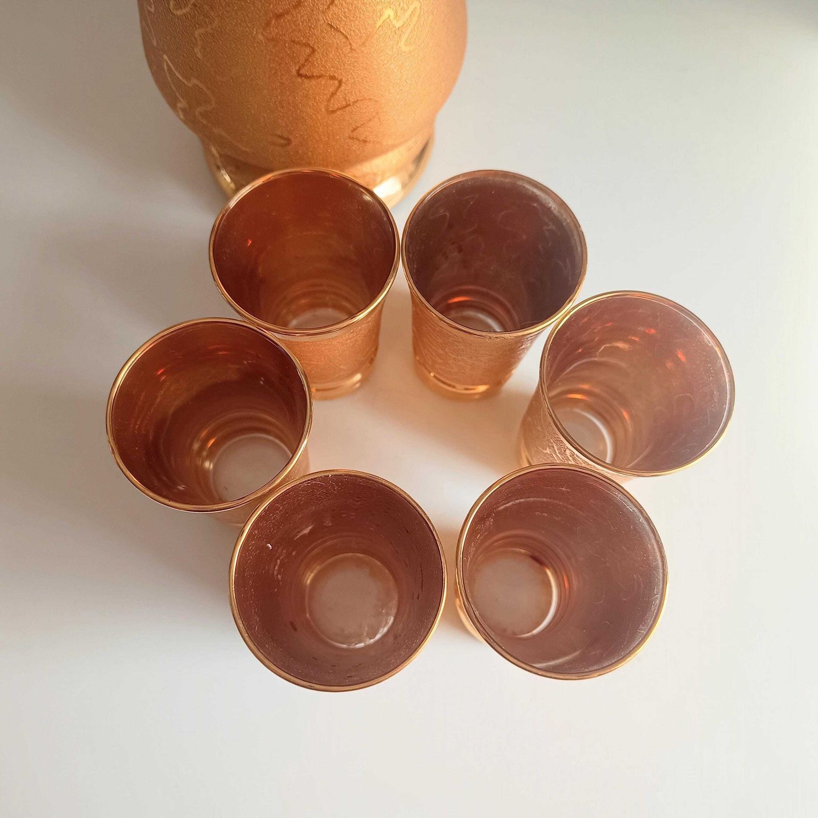 photo vinterior Belgisch Laeken Cristal Mid Century Gouden Likeur Vodka Set 6 Shotglazen, Hollywood Regency