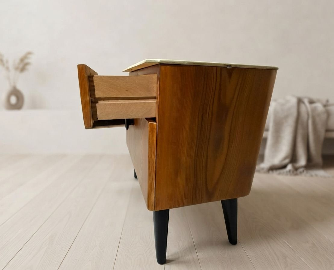 Volledig gerestaureerd nachtkastje van Jindřich Halabala voor ÚP Závody, mid-century modern, jaren 1950, Tsjecho-Slowakije, 55 × 51 × 37 cm photo 340.0