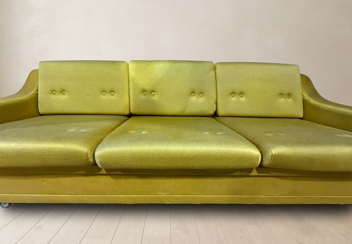 Mid-Century Opvouwbare Slaapbank, Mosterd/Olijf Bekleding 3-zitter, Tsjechoslowakije, 208 × 100 × 65 cm photo vintage