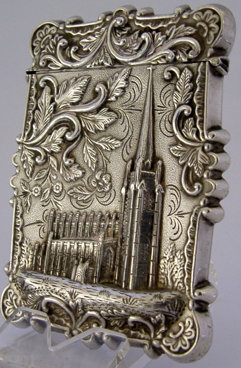 Zeldzaam Amerikaans sterling zilveren Trinity Church Castle Top Card Case ca. 1850 photo vinterior