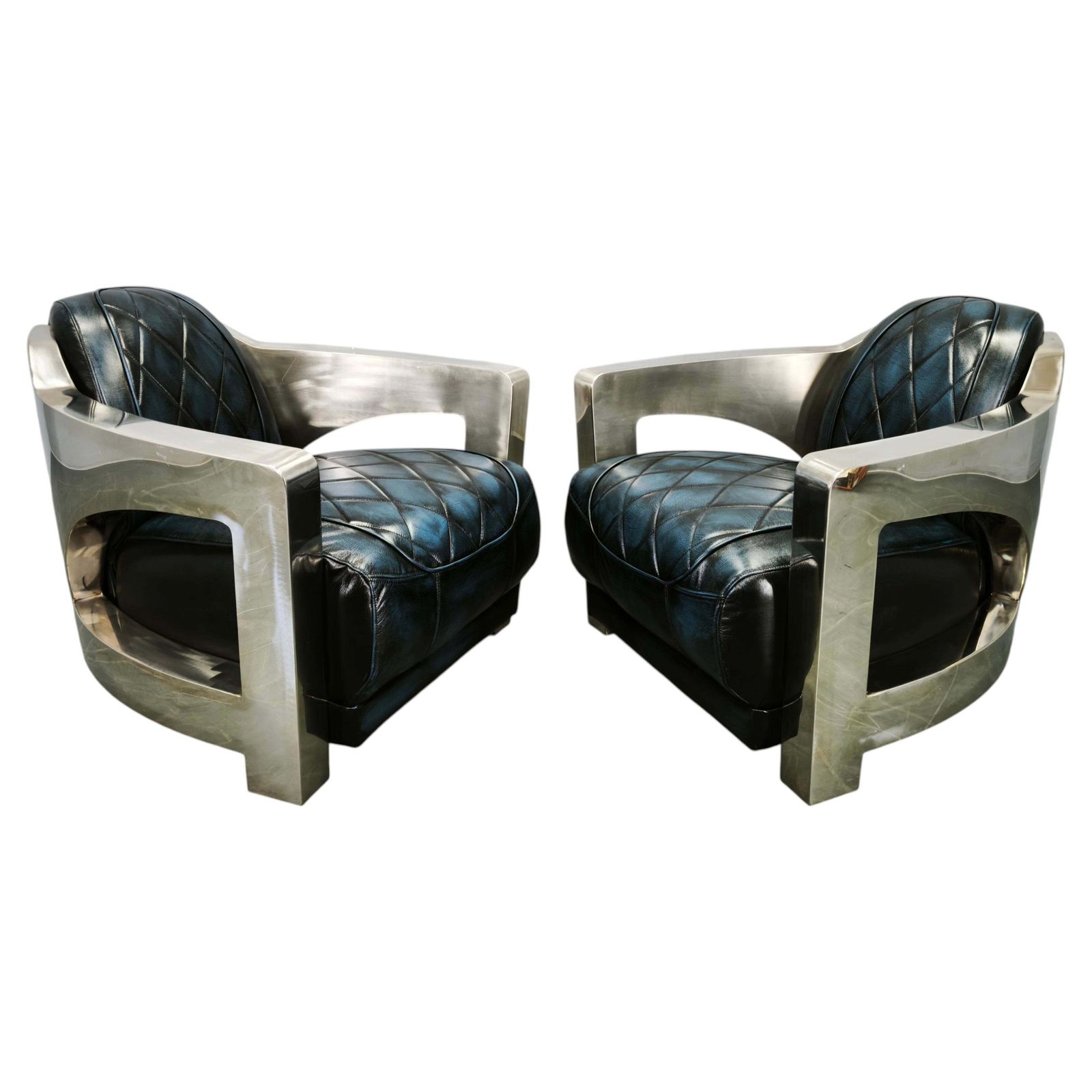 Paar Timothy Oulton Aviator fauteuils in leer en staal, jaren 1990