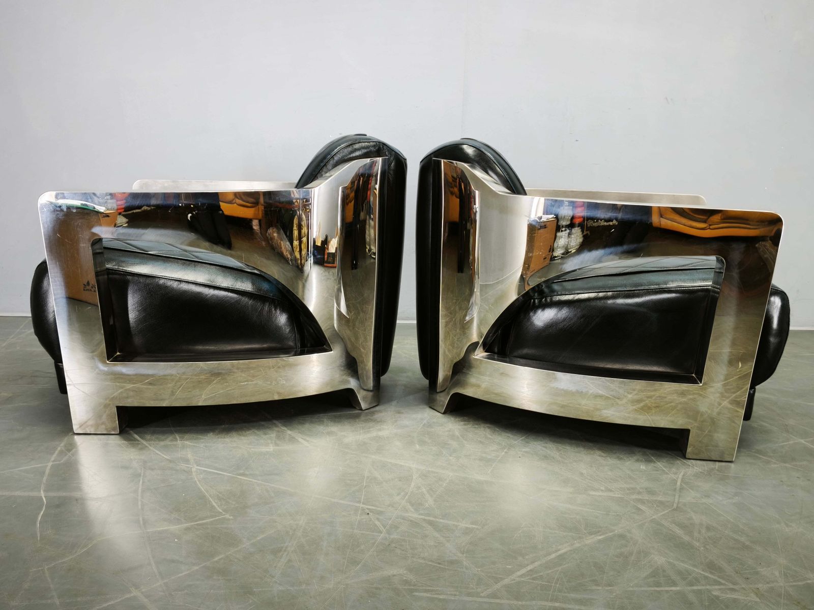 Pair Of Timothy Oulton Aviator Leather And Steel Armchairs 1990s photo buy