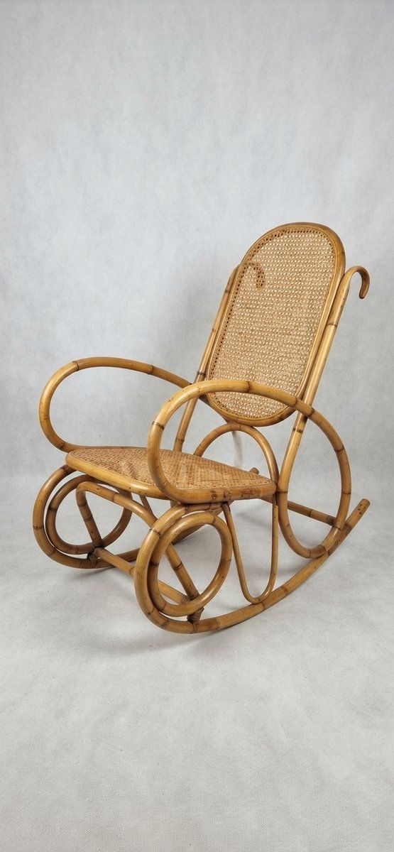Vintage French Riviera Rattan And Cane Rocking Chair, 1950s photo for sale