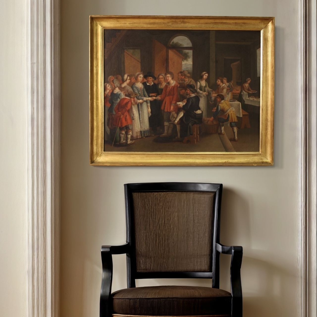 photo vintage 19e-eeuws Frans schilderij, genrescène met bruiloft