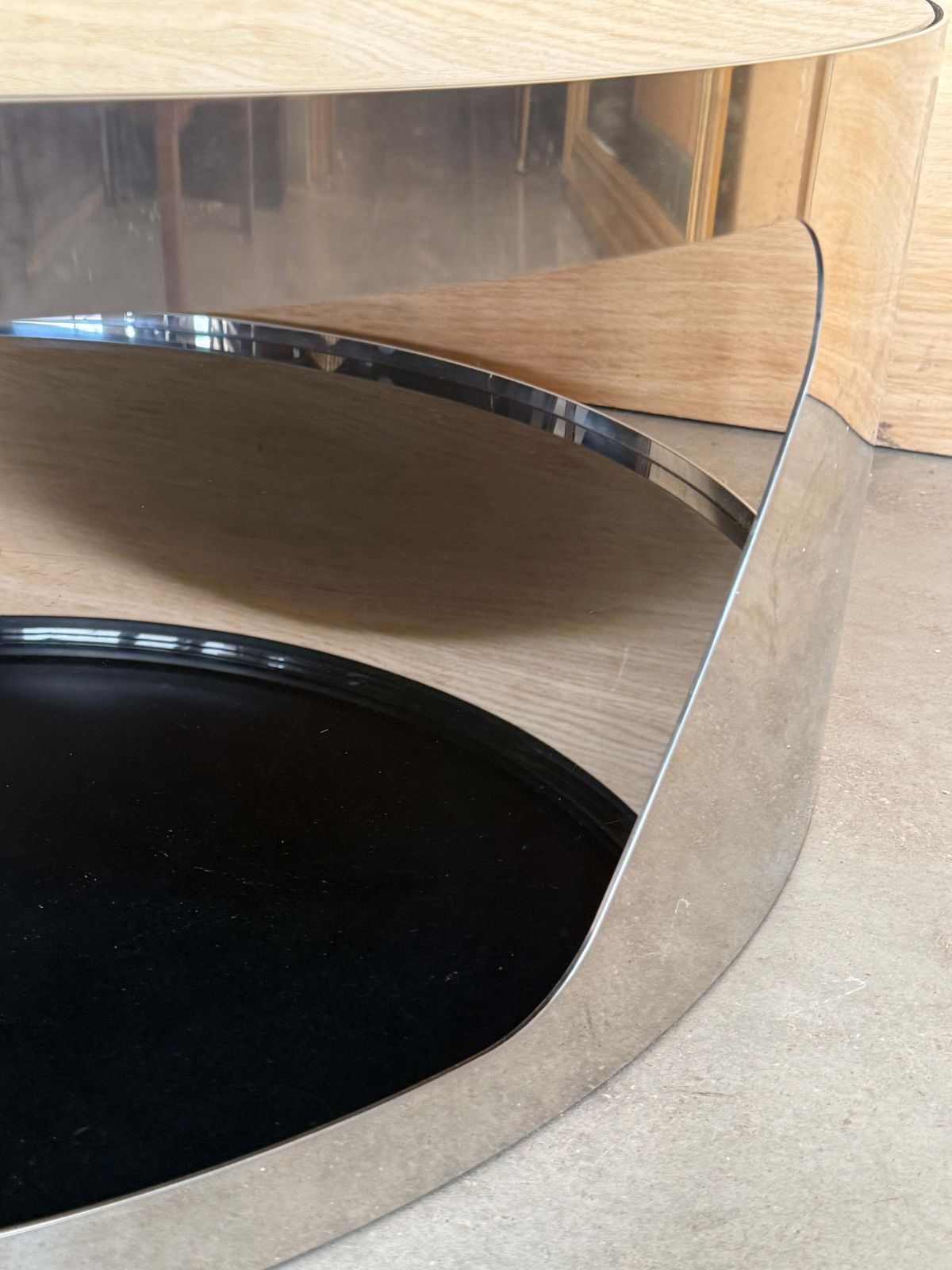 Table basse italienne moderne Space Age en acier inoxydable brossé et verre photo vintage