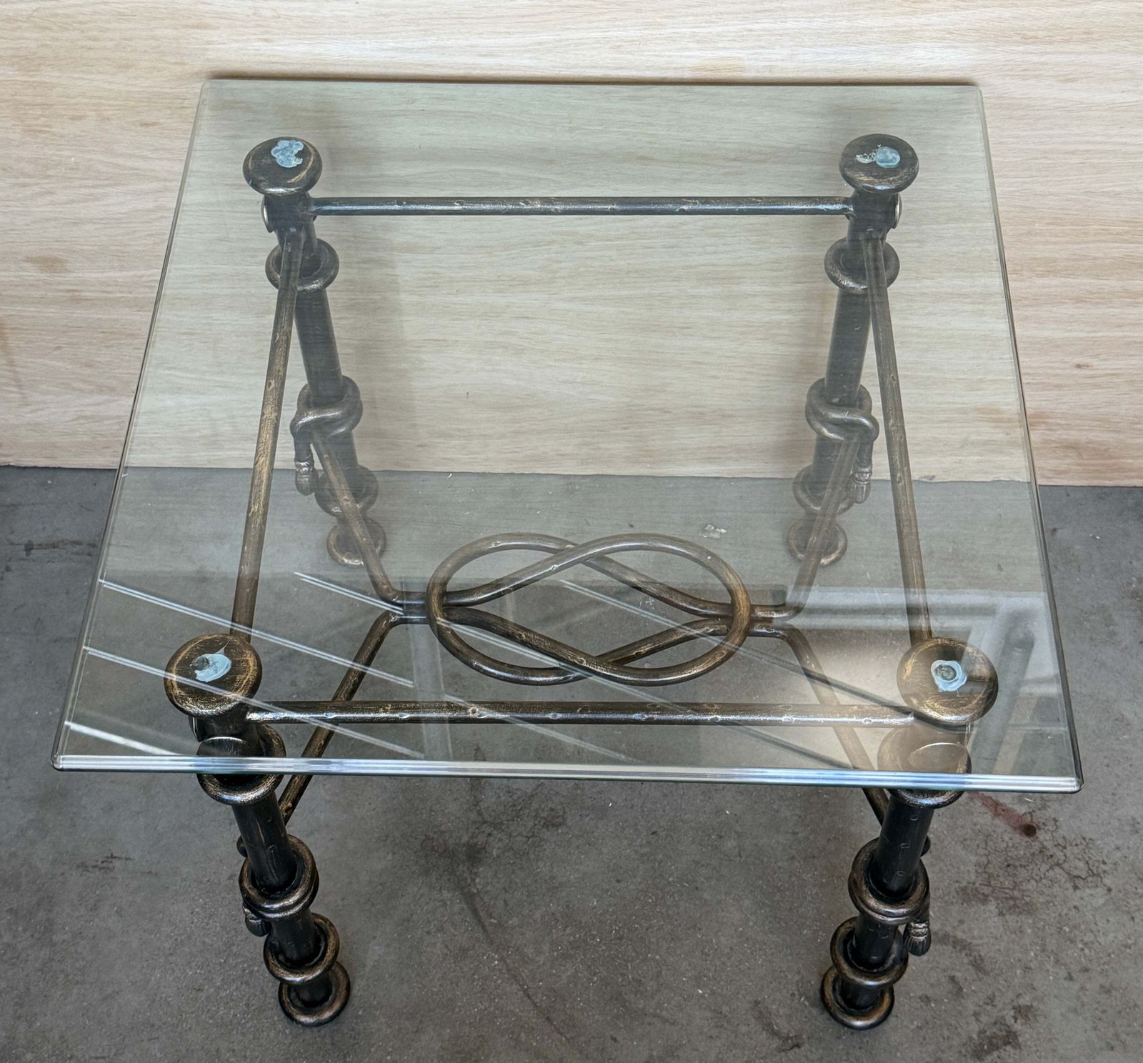 Pair Of Vintage Hand Forged Wrought Iron Side Tables With Glass Tops photo for sale