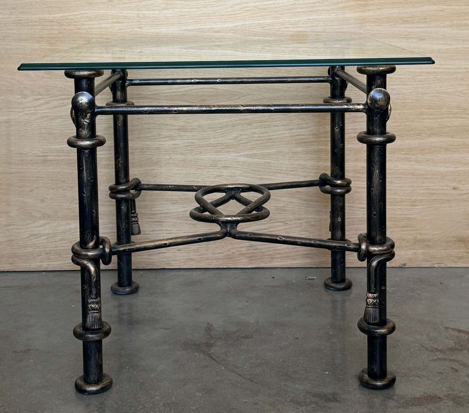 photo furniture Pair Of Vintage Hand Forged Wrought Iron Side Tables With Glass Tops