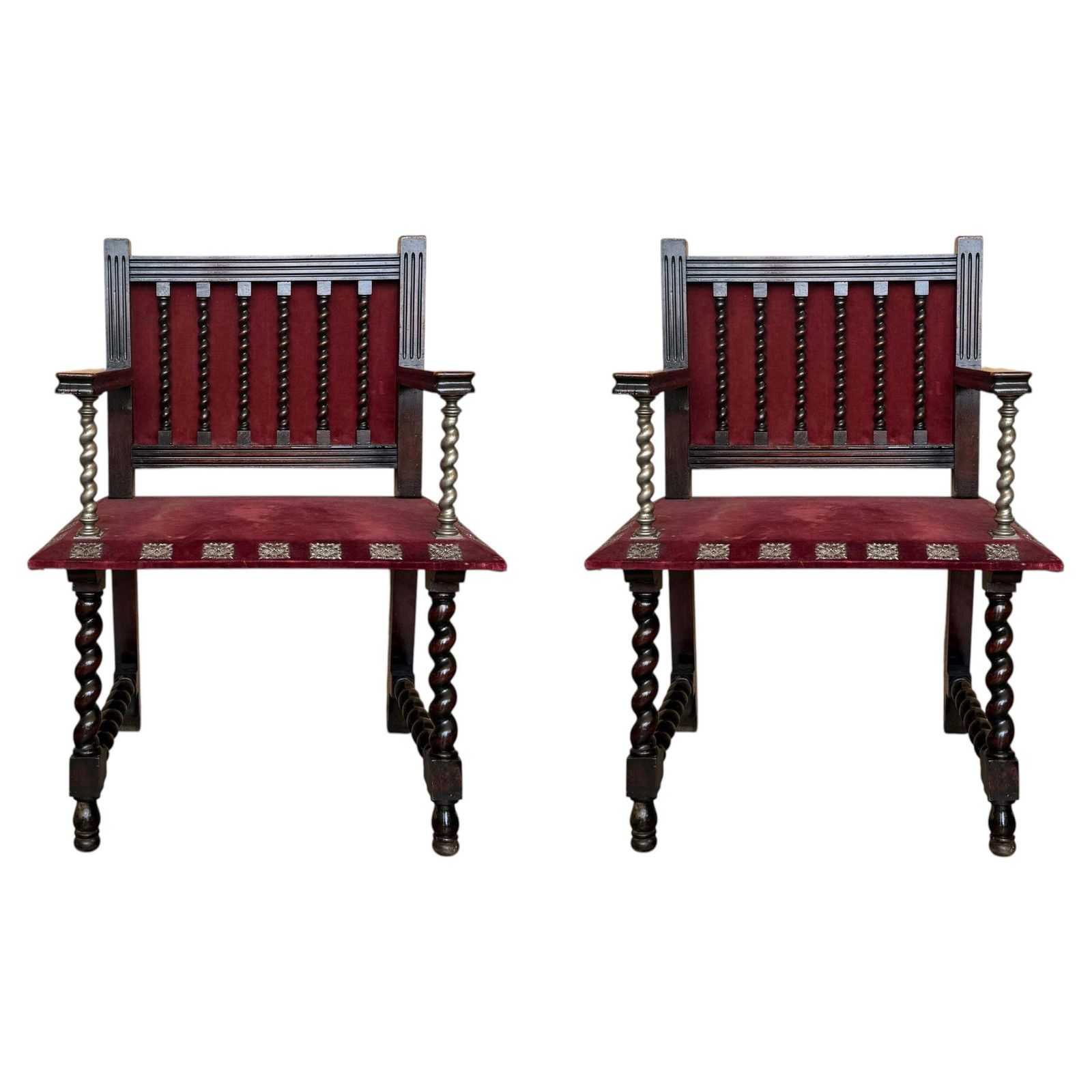Fauteuil d'époque espagnol en bois ébonisé à torsades, revêtement en velours
