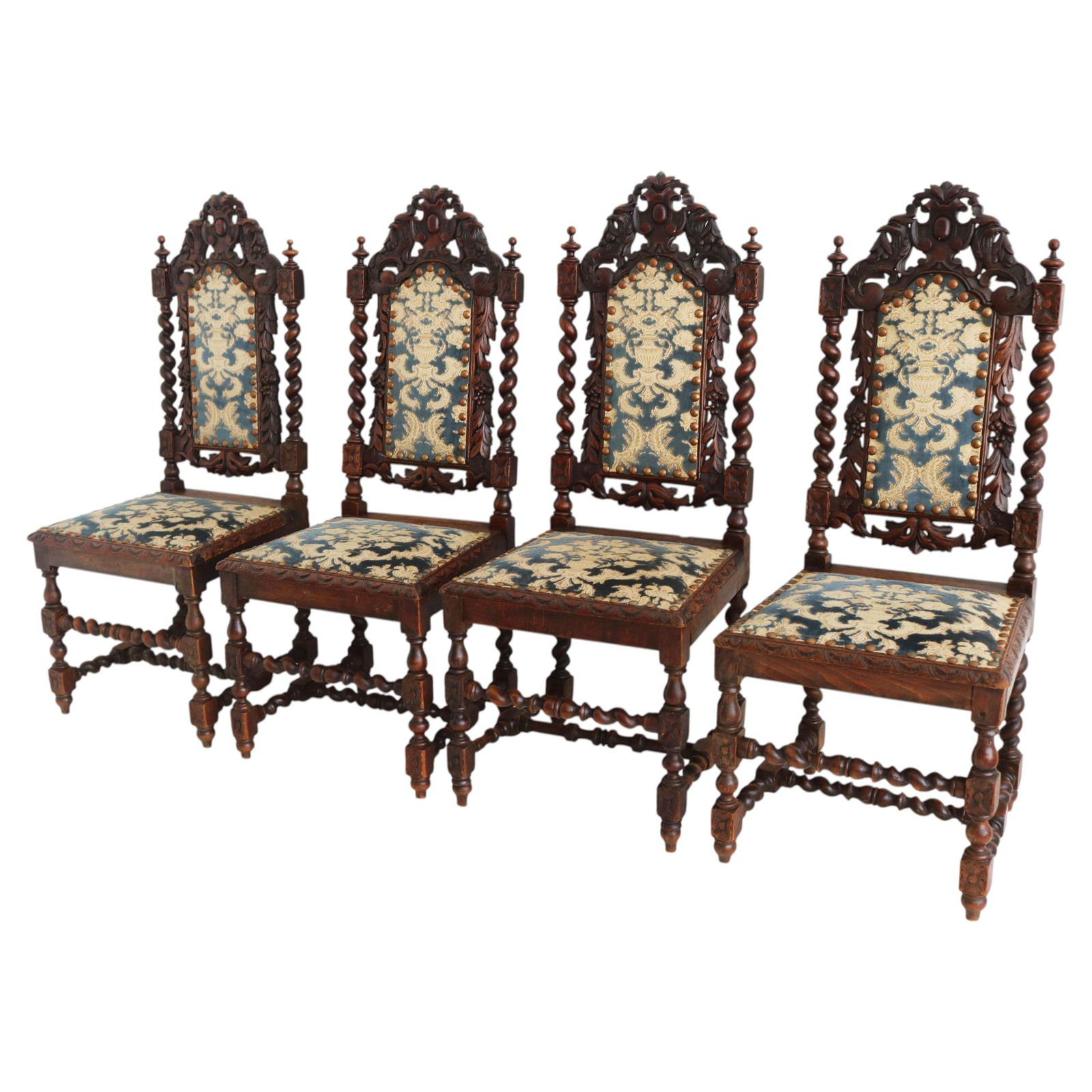 Set Of 4 French Renaissance Revival Barley Twisted Chairs 19th Century Oak