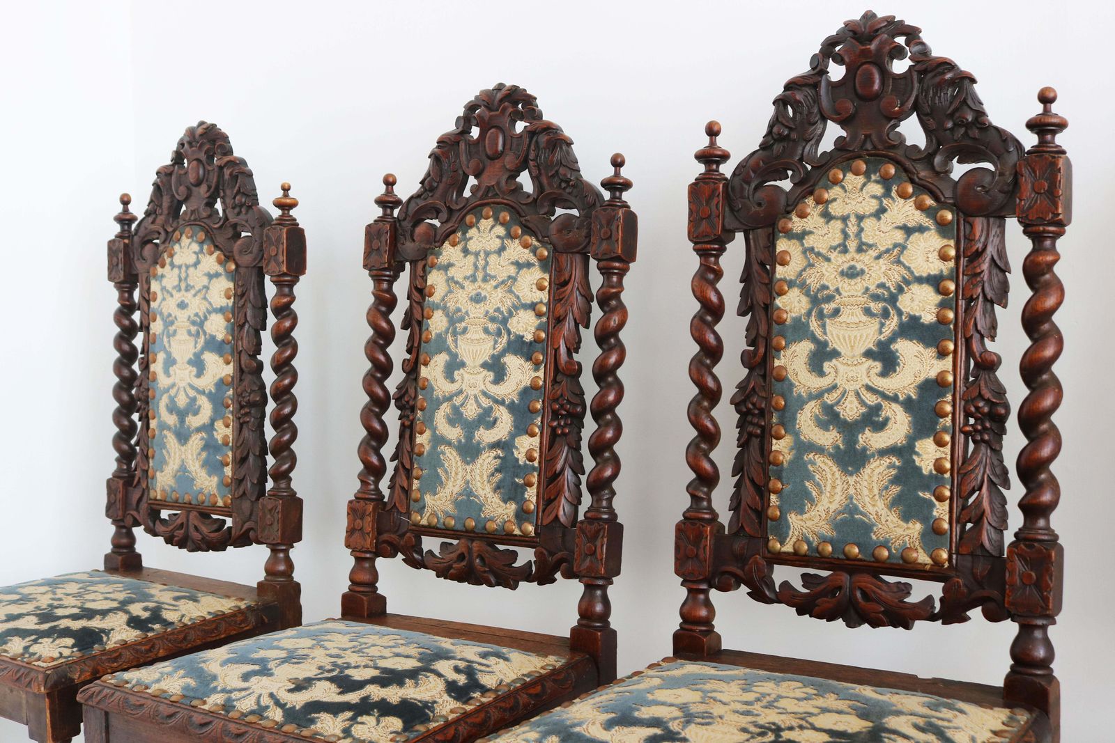 Set Of 4 French Renaissance Revival Barley Twisted Chairs 19th Century Oak photo furniture