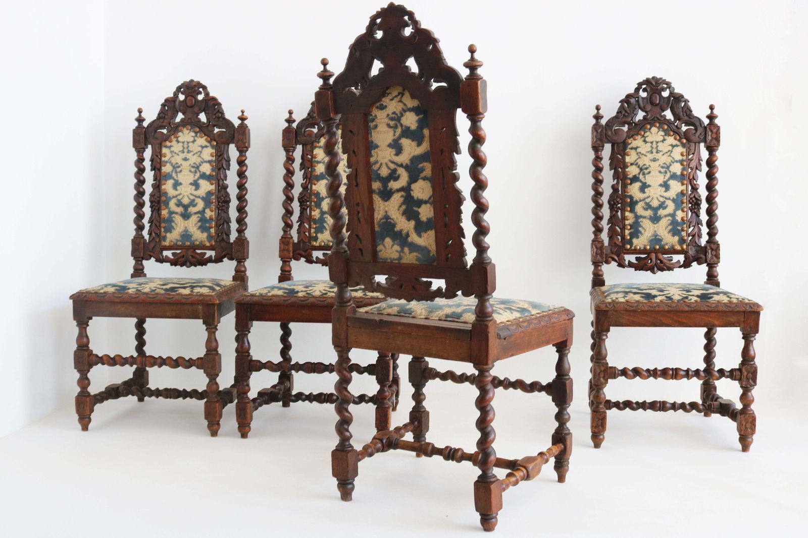 Set Of 4 French Renaissance Revival Barley Twisted Chairs 19th Century Oak photo buy