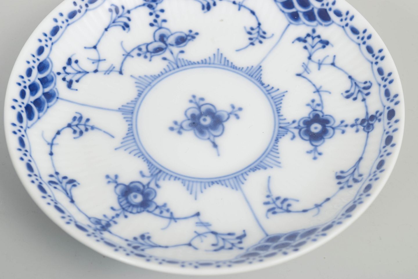 Royal Copenhagen. Blue Fluted Half Lace. Set Of Five Cups And Saucers, 1920s. photo for sale