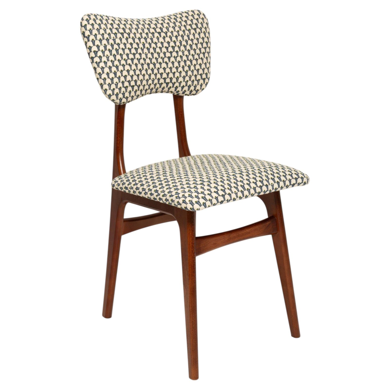 Mid Century Butterfly Chair, wit en blauw jacquard, walnoothout, Europa, jaren 1960