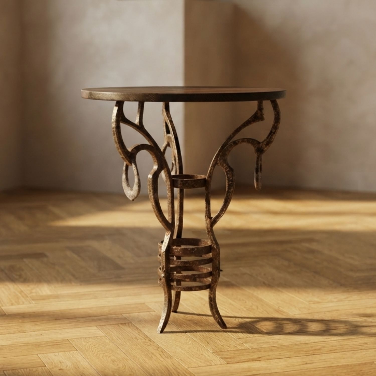 Handmade Round Side Table With Wrought Iron Base, Circa 1980s, Czechoslovakia, 67 × 50 Cm
