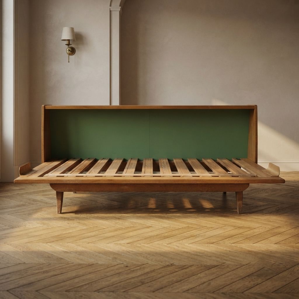 photo for sale Mid Century Wooden Folding Sofa Bed Frame, Extendable Daybed, Czechoslovakia, 190 × 151 × 77 Cm