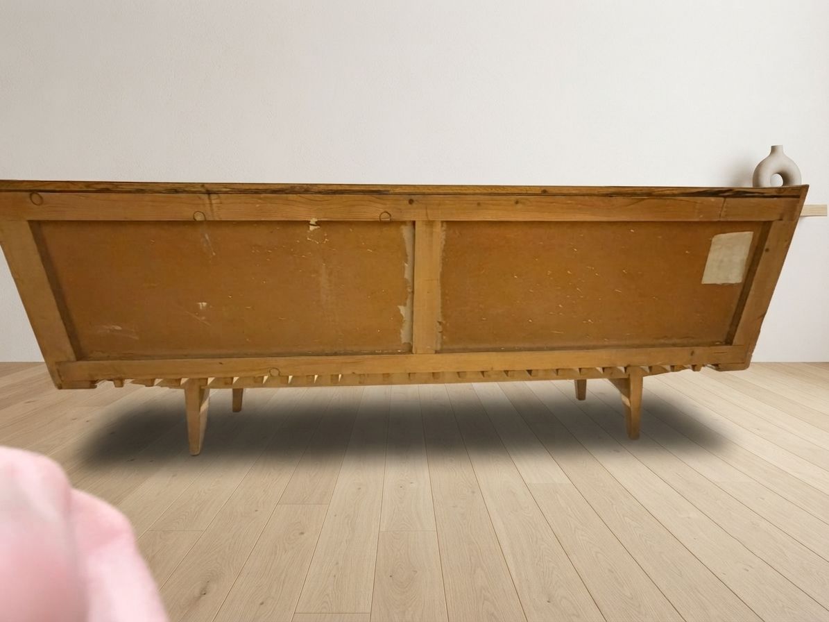 photo vintage Mid Century Wooden Folding Sofa Bed Frame, Extendable Daybed, Czechoslovakia, 190 × 151 × 77 Cm