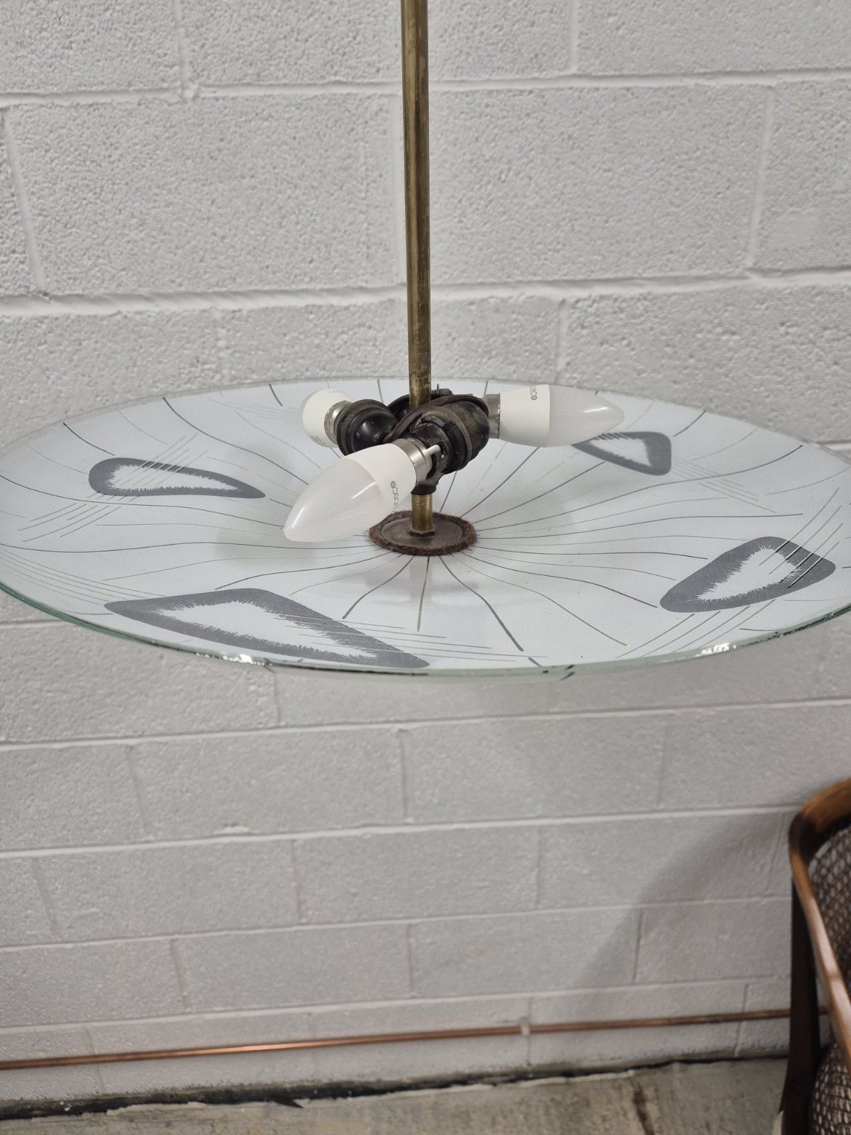Italian Mid Century Ceiling Light Hand Decorated Brass Fittings 1960s Large photo vinterior