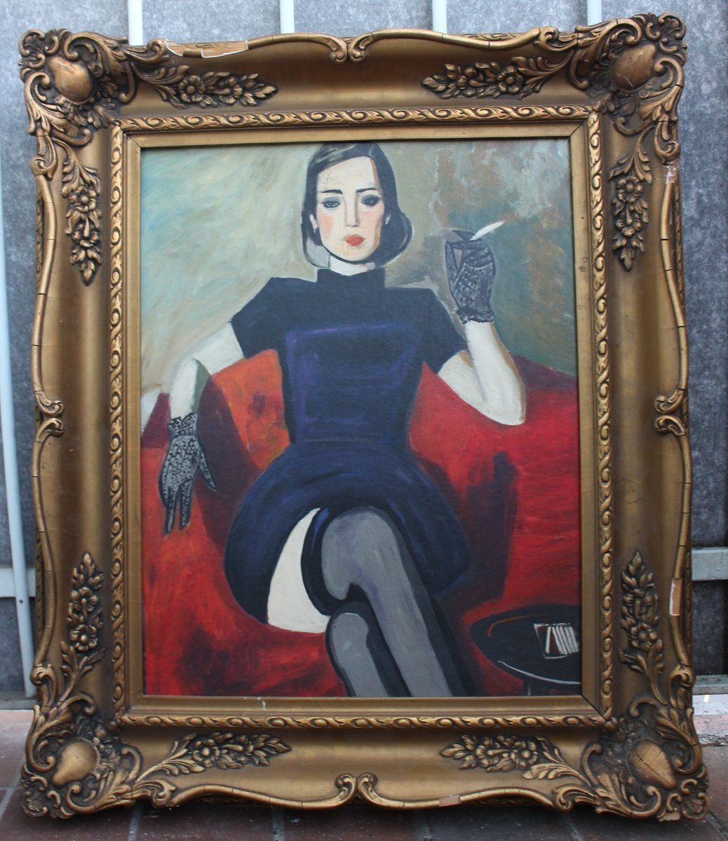 Lady Smoking, vintage olieverfschilderij ca. jaren 1950, ingelijst figuratief kunstwerk