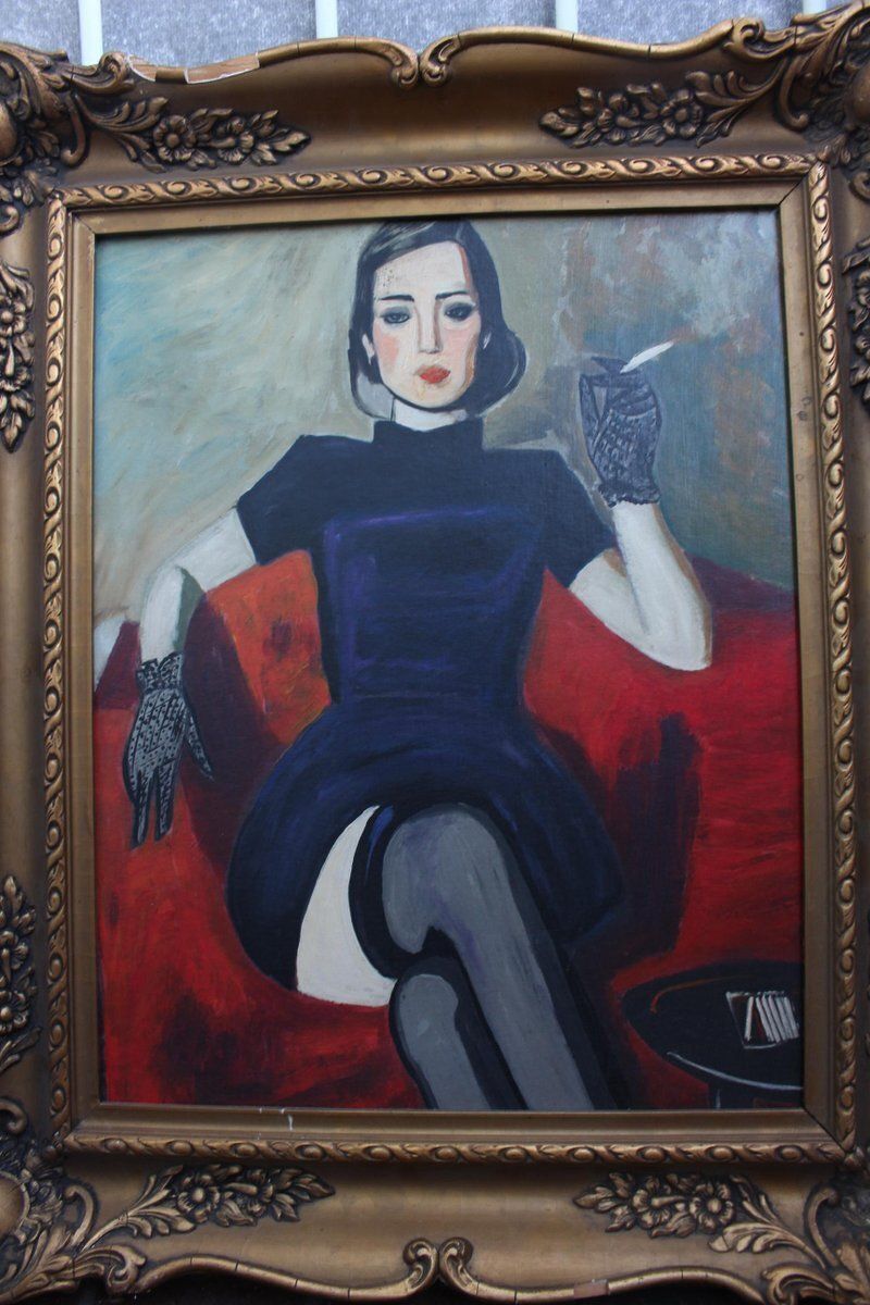 Lady Smoking, vintage olieverfschilderij ca. jaren 1950, ingelijst figuratief kunstwerk photo furniture
